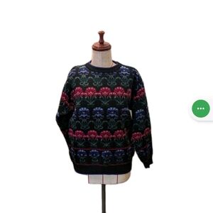 Vintage Deans of Scotland Wool Knit Womens Pullover Sweater Medium Floral Design